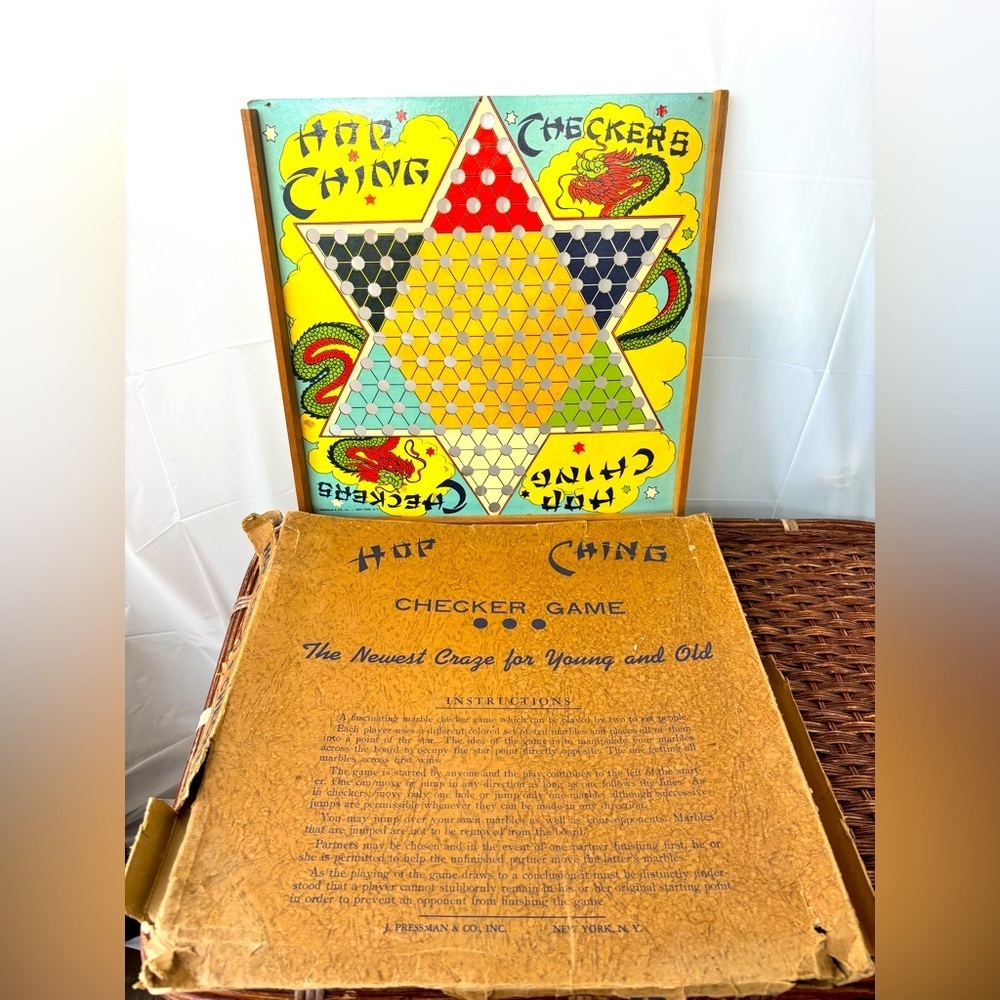 J Pressman Hop Ching Checkers Dragon Board Game Vintage 1940s